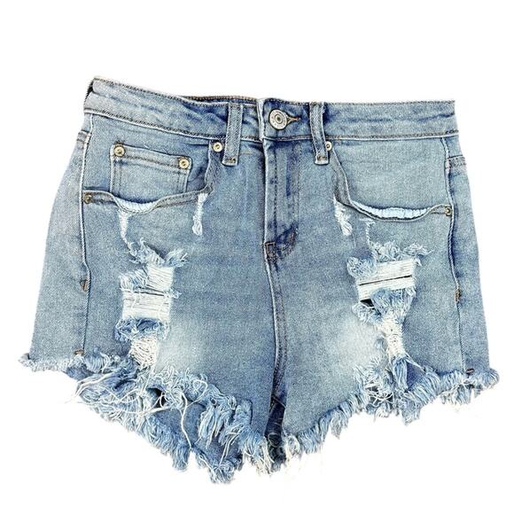 Almost Famous High Rise Distressed Denim Jean Shorts Size 3 Waist 26 - Picture 1 of 5